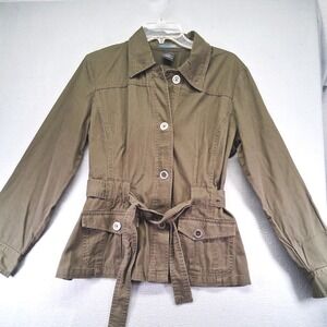 FRENCH CUFF Belted Button Up Jacket Pockets Womens Size Large Chore Coat Boho